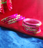 Fancy Pink coloured broad glass bangles with beautiful work