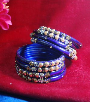 Fancy blue coloured broad glass bangles