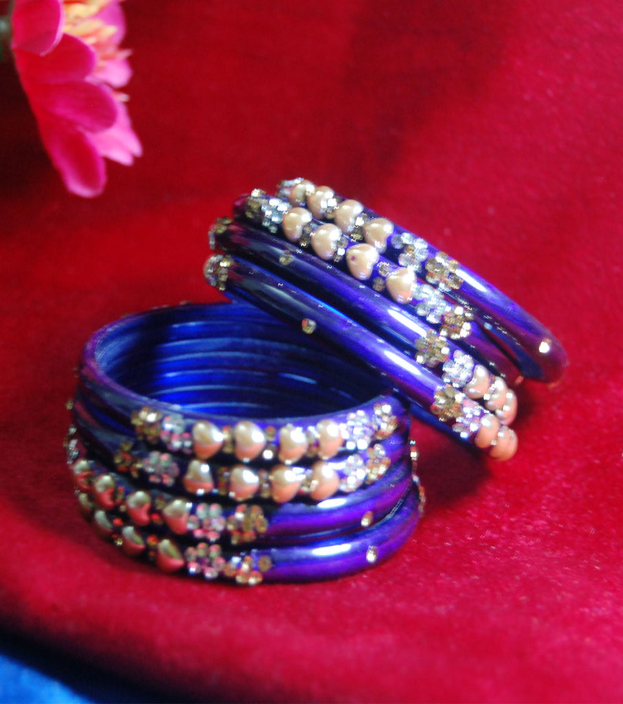 Fancy blue coloured broad glass bangles
