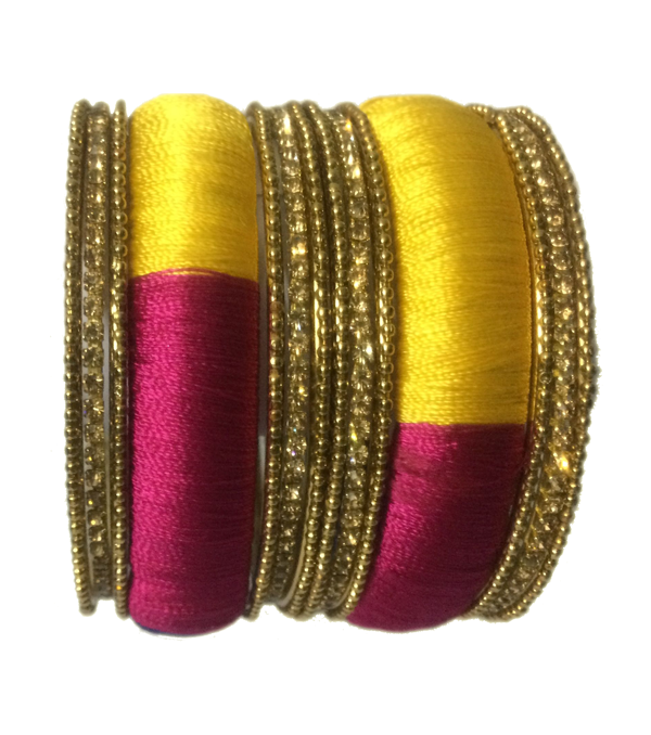 Thread Bangles with multicolours and side bangles with golden stones