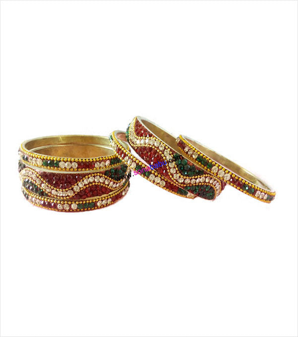 Glittering set of 6 brass bangles with colourful stones