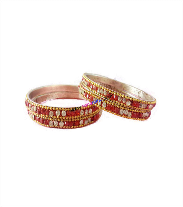 Fabulous stone beaded red brass bangles set of 4