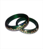 Green flower printed trendy bangle set of 2