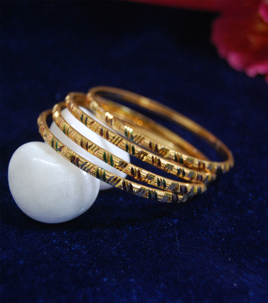 Gold plated bangles and red green line set of 4