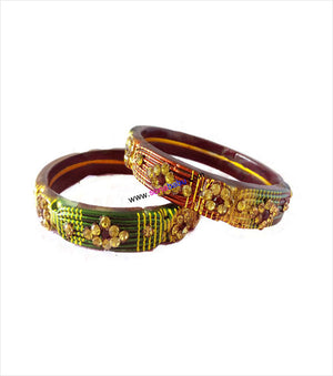 Broad golden kangan with colourful stone set of 2