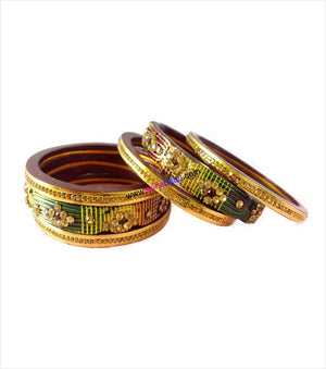 Maroon green & cream lac bangle studded set of 6