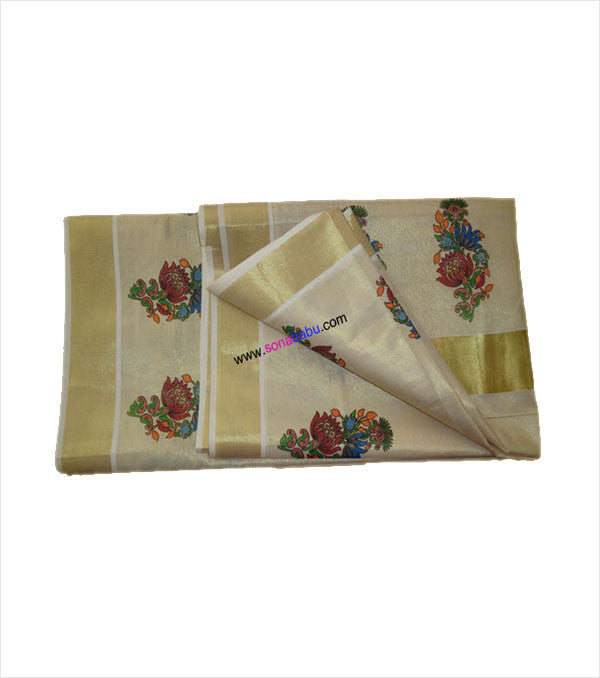 Kerala Kasavu Saree floral design with blouse