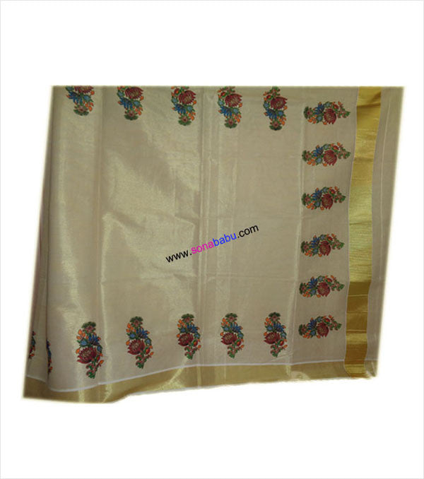 Kerala Kasavu Saree floral design with blouse