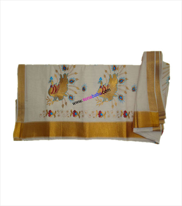 Kerala Kasavu Peacock Embroidered Cotton Saree