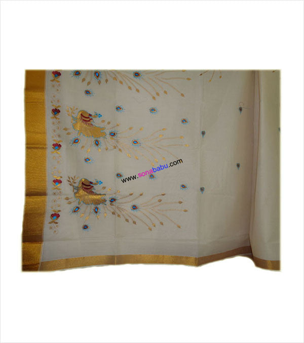 Kerala Kasavu Peacock Embroidered Cotton Saree