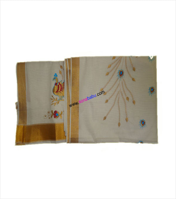 Kerala Kasavu Peacock Embroidered Cotton Saree