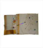 Kerala Kasavu Peacock Embroidered Cotton Saree