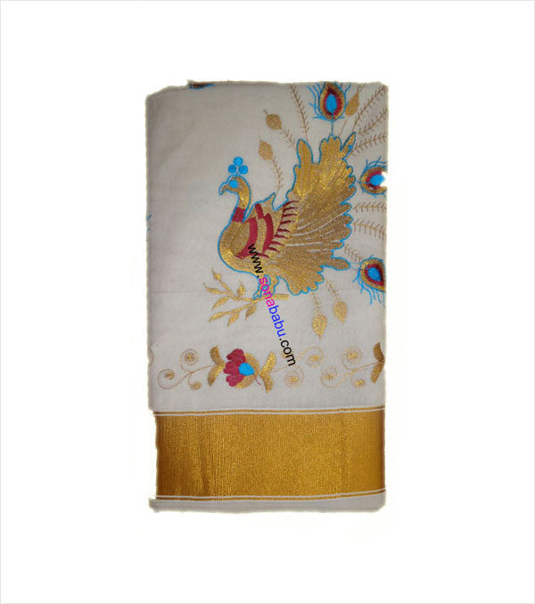 Kerala Kasavu Peacock Embroidered Cotton Saree