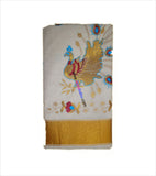 Kerala Kasavu Peacock Embroidered Cotton Saree