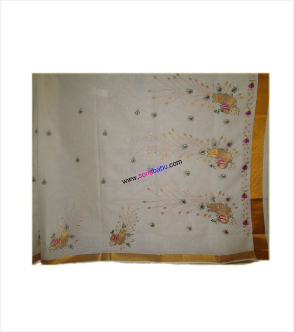 Kerala Kasavu Peacock Embroidered Cotton Saree