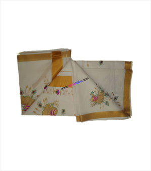 Kerala Kasavu Peacock Embroidered Cotton Saree