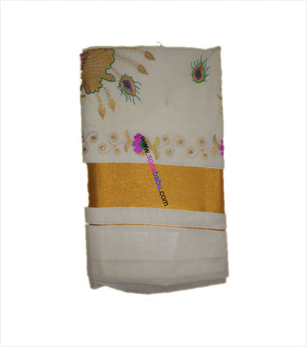 Kerala Kasavu Peacock Embroidered Cotton Saree