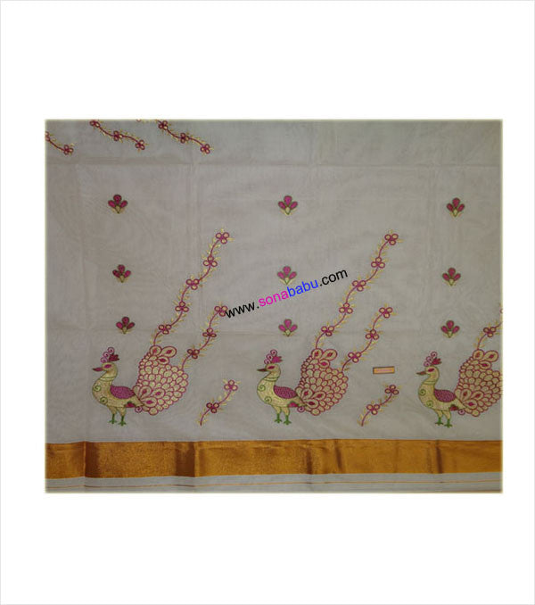 Kerala Kasavu Peacock Embroidered Cotton Saree With Blouse