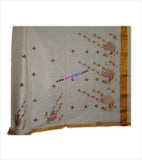 Kerala Kasavu Peacock Embroidered Cotton Saree With Blouse