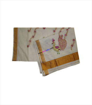 Kerala Kasavu Peacock Embroidered Cotton Saree With Blouse
