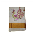 Kerala Kasavu Peacock Embroidered Cotton Saree With Blouse