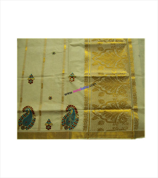 Kerala Kasavu Zari Rich 12 Inch Pallu (Floral Design) cotton Saree