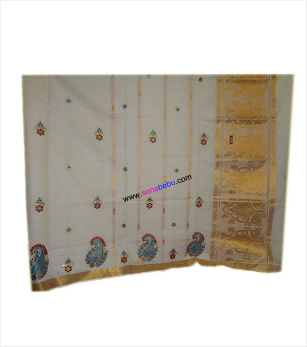 Kerala Kasavu Zari Rich 12 Inch Pallu (Floral Design) cotton Saree