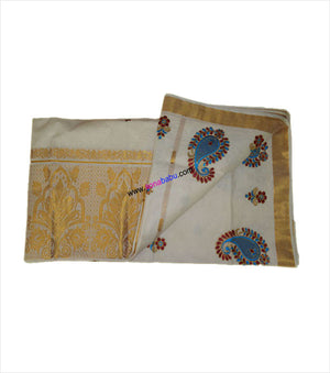 Kerala Kasavu Zari Rich 12 Inch Pallu (Floral Design) cotton Saree