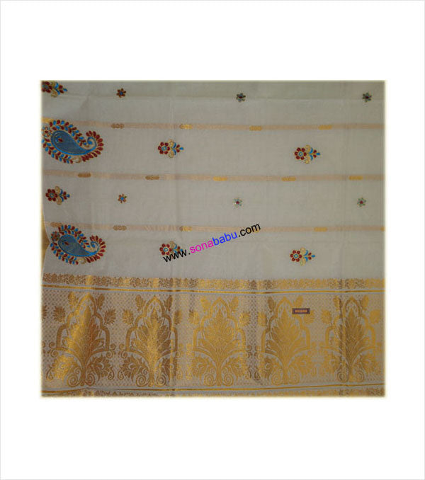 Kerala Kasavu Zari Rich 12 Inch Pallu (Floral Design) cotton Saree