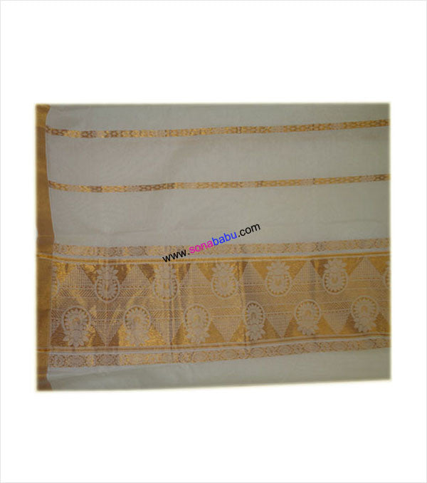 Kerala Kasavu Zari Rich 12 Inch Pallu (Floral Design) cotton Saree