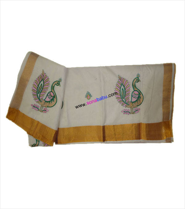 Kerala Kasavu Peacock Embroidered Cotton Saree