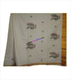 Kerala Kasavu Peacock Embroidered Cotton Saree
