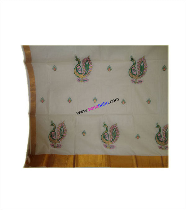 Kerala Kasavu Peacock Embroidered Cotton Saree