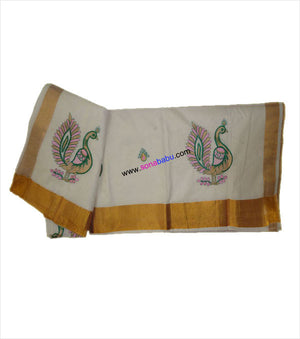Kerala Kasavu Peacock Embroidered Cotton Saree