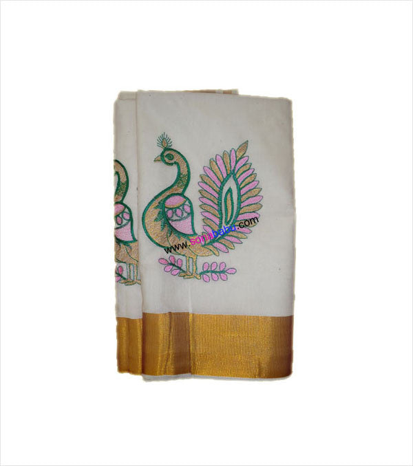 Kerala Kasavu Peacock Embroidered Cotton Saree