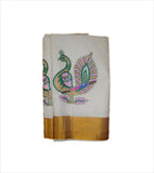 Kerala Kasavu Peacock Embroidered Cotton Saree