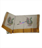 Kerala Kasavu Peacock Embroidered Cotton Saree