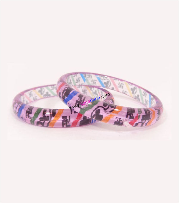 Pink coloured kids bangle with design of shubh labh set of 2