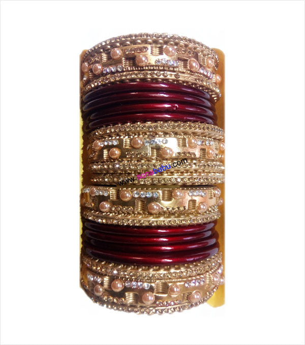 Maroon and golden coloured lakh bangle having broad kangan with full work