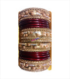 Maroon and golden coloured lakh bangle having broad kangan with full work