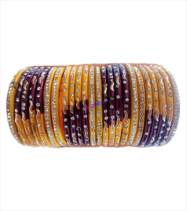 Maroon and yellow coloured lac bangle with stones and work