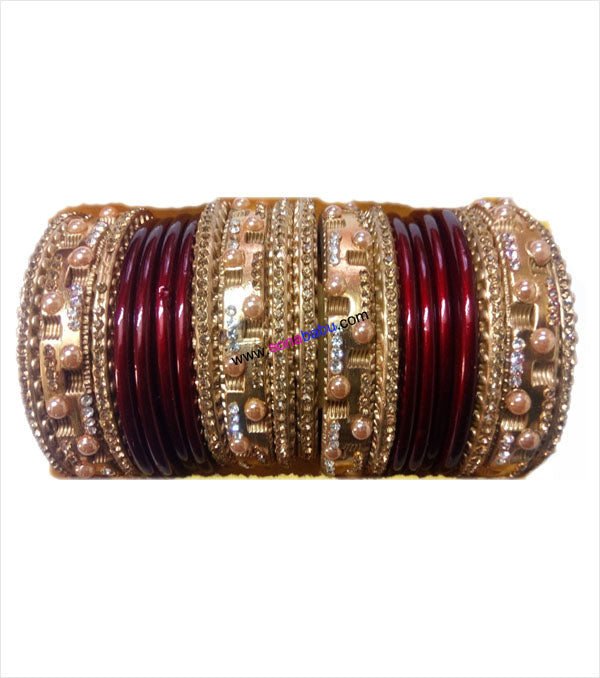 Maroon and golden coloured lakh bangle having broad kangan with full work