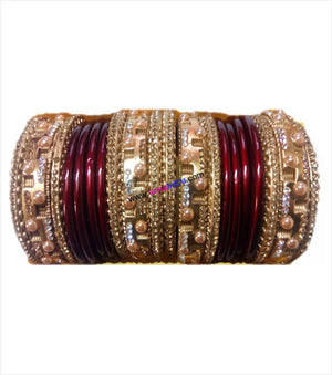 Maroon and golden coloured lakh bangle having broad kangan with full work