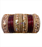 Maroon and golden coloured lakh bangle having broad kangan with full work