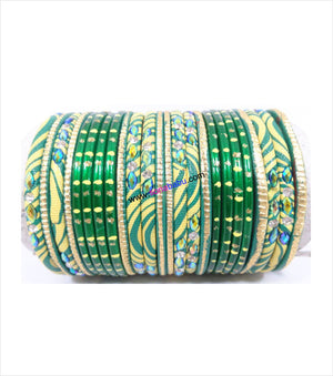 Green colored lac bangle with lahariya print and stones