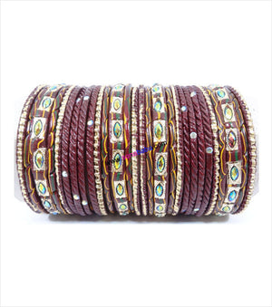 Dark maroon lac bangle with screw design and toned with glittering