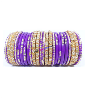 Purple colored lac bangle with round designed golden kangans