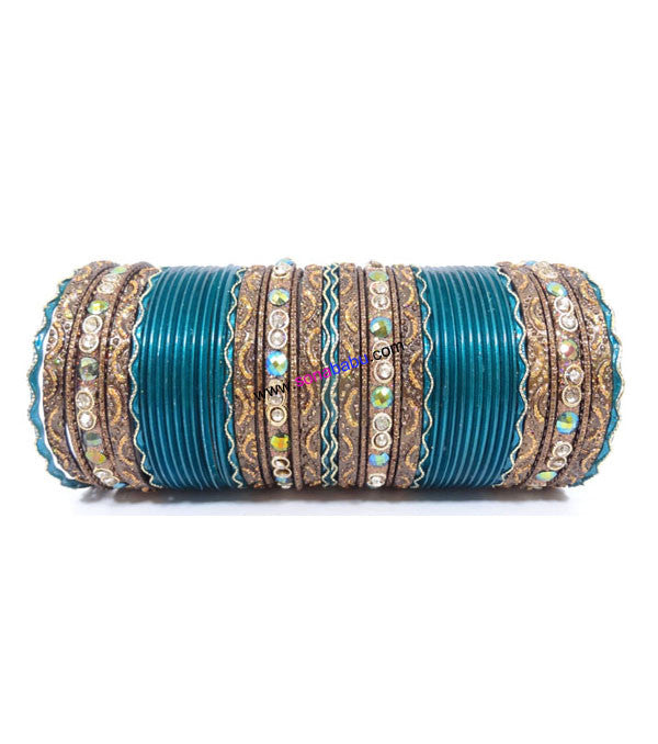 Amazing Dark ferozi colored metal bangle with kundan work