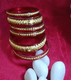 Red Fibre Bangles with Gold Plated and carved work set of 6