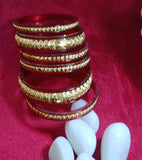 Red Fibre Bangles with Gold Plated and carved work set of 6